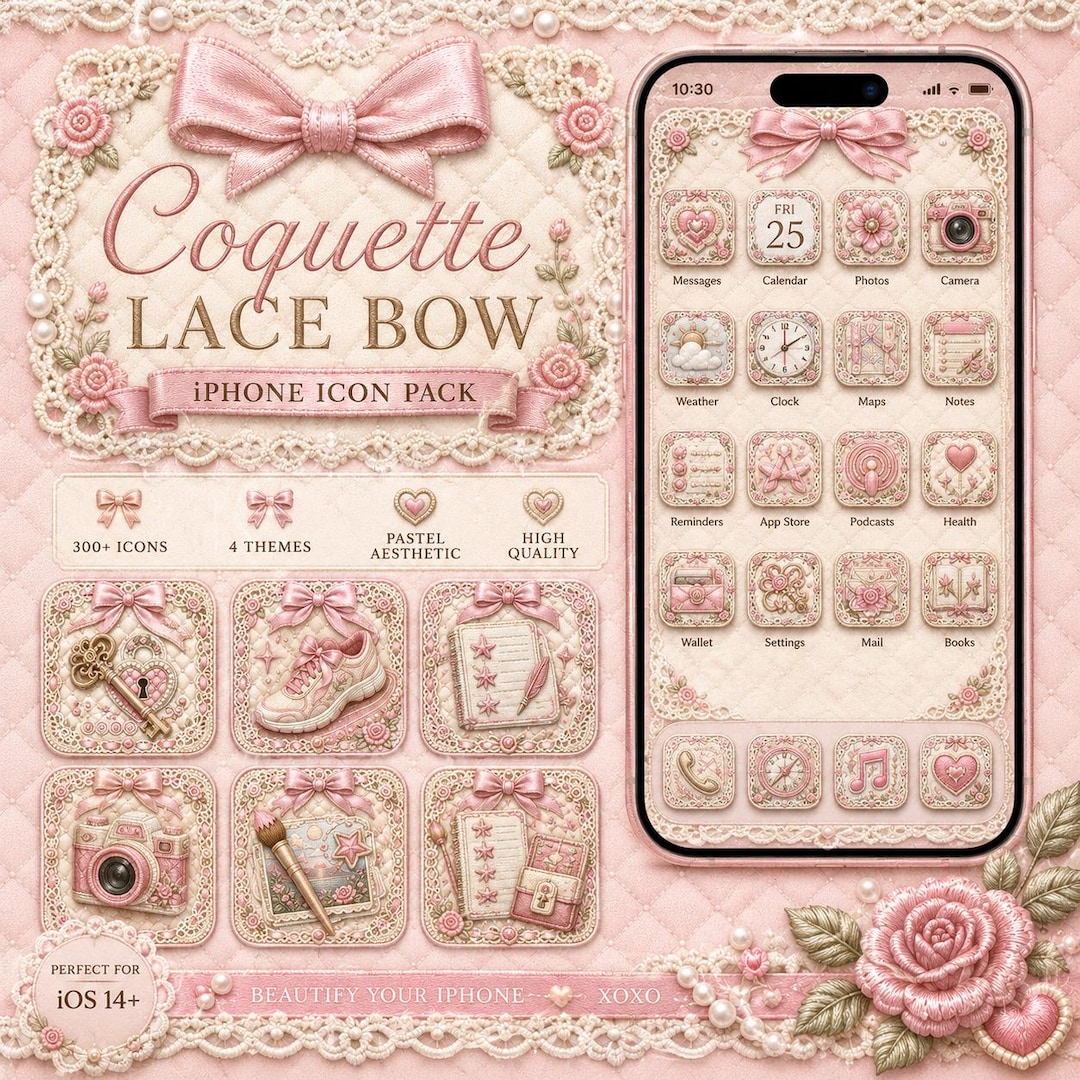 Pink Bow Ios Coquette Lace Bow iPhone Icon Pack, 250+ Embroidered App Icons, Pink ...