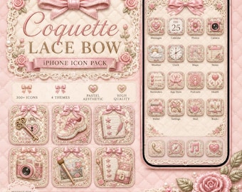 Coquette Lace Bow iPhone Icon Pack, 250+ Embroidered App Icons, Pink Ribbon iOS Theme, Aesthetic Home Screen Digital Download