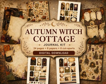 Kit per diario "Autumn Witch Cottage", pagine di diario stampabili, download digitale, kit di effimeri, carta per scrapbooking