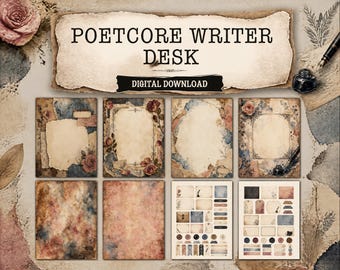 Poetcore Writer Desk Junk Journal Kit, pagine di diario stampabili, download digitale, kit di effimeri, carta per scrapbooking