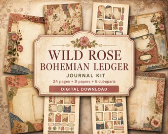 Kit de diario Wild Rose Boho Ledger, páginas de diario imprimibles, descarga digital, kit de efímeros, papel para álbumes de recortes