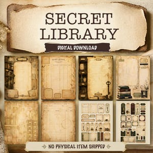 Puede incluir: Una descarga digital con diseños de papel de estilo vintage con el texto "SECRET LIBRARY" y "DIGITAL DOWNLOAD". La imagen incluye varios fondos de papel envejecido, llaves y elementos temáticos de biblioteca. También está presente la frase "NO PHYSICAL ITEM SHIPPED".