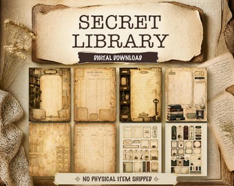 Kit de diario de recortes "Biblioteca Secreta", páginas de diario imprimibles, descarga digital, kit de efímeros, papel para álbumes de recortes