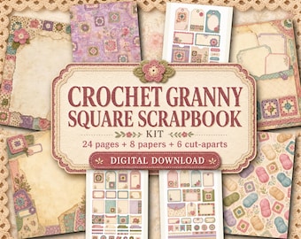 Kit de álbum de recortes de cuadrados de ganchillo para abuela, páginas de diario imprimibles, descarga digital, kit de efímeros, papel para álbum de recortes