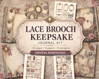 Kit per diario ricordo con spilla in pizzo, pagine di diario stampabili, download digitale, kit di effimeri, carta per scrapbooking