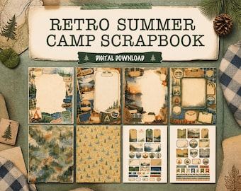 Kit per diario di scrapbooking a tema campeggio estivo retrò, pagine di diario stampabili, download digitale, kit di effimeri, carta per scrapbooking