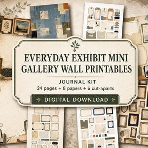May include: A digital download journal kit titled Everyday Exhibit Mini Gallery Wall Printables, featuring 24 pages, 8 papers, and 6 cut-aparts. The collection includes various vintage-style frames, landscape art, and paper ephemera in blue, tan, and cream tones.