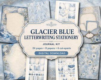 Kit de papelería Glacier Blue para caligrafía, páginas de diario imprimibles, descarga digital, kit de efímeros, papel para álbumes de recortes