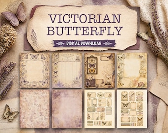 Kit de diario creativo de mariposas victorianas, páginas de diario imprimibles, descarga digital, kit de efímeros, papel para álbumes de recortes