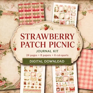 May include: A digital journal kit titled Strawberry Patch Picnic featuring 24 pages, 8 papers, and 6 cut-aparts. The collection includes various sheets with strawberry illustrations, red and white gingham patterns, and woven textures.