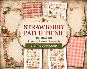 Strawberry Patch Picnic Journal Kit, Printable Journal Pages, Digital Download, Ephemera Kit, Scrapbook Paper