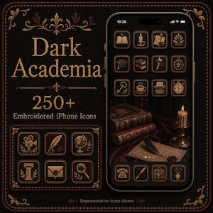 May include: An iPhone showcasing a "Dark Academia" theme with over 250 embroidered icons. The icons are in a dark brown and gold colour scheme, featuring images of books, keys, and academic objects. The phone is set against a dark brown background with decorative stitching.