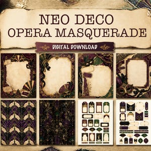 May include: Digital download featuring Neo Deco Opera Masquerade designs. The image showcases various templates, including ornate frames, patterned backgrounds, and decorative elements in shades of purple, gold, and green. The text "Digital Download" is also visible.