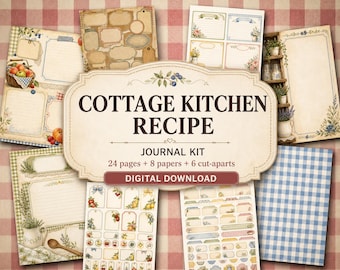 Kit de álbum de recortes de recetas de cocina rústica, tarjetas de recetas imprimibles, papeles de cuadros frutales, páginas de diario de cocina familiar (descarga digital)
