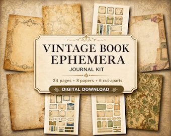 Kit de diario de recortes con efímeros de libros antiguos, descarga digital de papel antiguo, páginas de diario imprimibles, collage de tarjetas de biblioteca, papel para álbumes de recortes