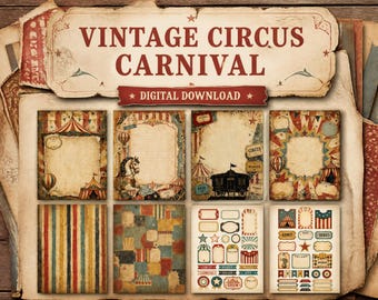 Kit de diario de recortes con temática de circo y carnaval vintage, páginas imprimibles para diario, descarga digital, kit de efímeros, papel para álbum de recortes