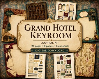 May include: A digital journal kit titled Grand Hotel Keyroom featuring 24 pages, 8 papers, and 6 cut-aparts. The collection includes vintage-style stationery with key motifs, ornate frames, and decorative tags in shades of cream, red, and teal.