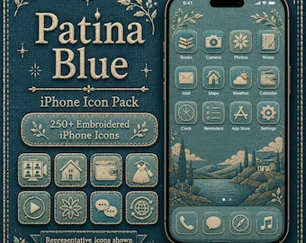 Patina Blue iPhone Icon Pack, 250+ Embroidered App Icons, Washed Linen Aesthetic iOS Theme, Blue Home Screen Icons, Digital Download