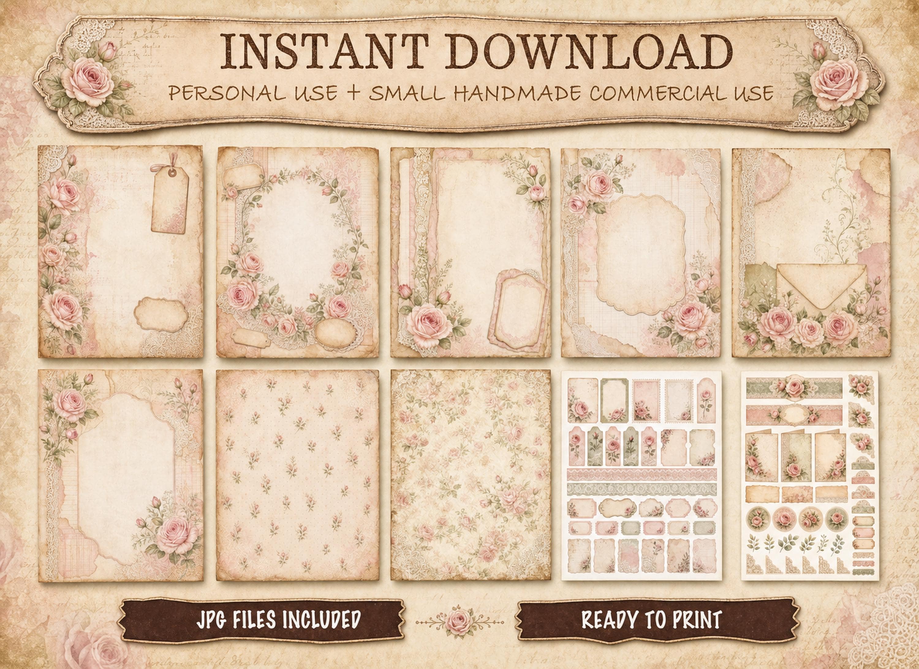 Shabby Chic Rose Junk Journal Kit, Printable Vintage Floral Journal ...