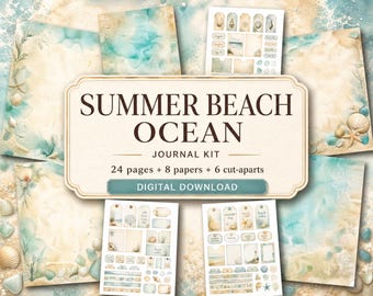 Kit de diario de verano con temática playera y marina, papel costero imprimible, efímeros de conchas marinas, etiquetas playeras, descarga estilo cottagecore.