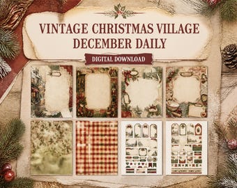 Kit per diario quotidiano a tema villaggio natalizio vintage, pagine stampabili, download digitale, kit di effimeri, carta per scrapbooking