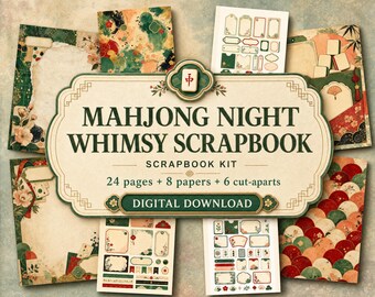Kit de álbum de recortes "Noche de Mahjong" con diseño original, páginas de diario imprimibles, descarga digital, kit de efímeros, papel para álbum de recortes.