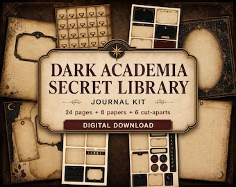 Kit de diario de biblioteca secreta de estilo Dark Academia, páginas imprimibles para diario creativo, tarjetas de biblioteca góticas, ex libris, efímeros para el estudio de la astronomía.