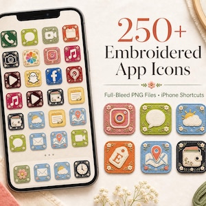Peut inclure: Un écran de smartphone affiche des icônes d'applications brodées, présentant divers motifs colorés. L'image comprend le texte "250+ Embroidered App Icons" et "Full-Bleed PNG Files • iPhone Shortcuts". Les icônes d'applications sont carrées avec des broderies florales.
