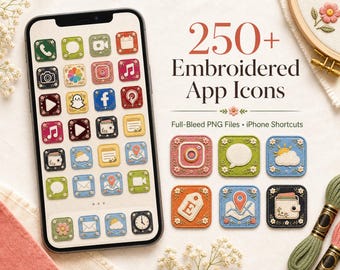 Paquete de más de 250 iconos bordados para aplicaciones iOS / Iconos estéticos de costura para iPhone / Tema de pantalla de inicio en tonos pastel / Widgets para iOS 14/15/16/17/18