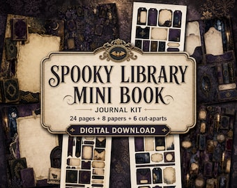 Kit de minilibros de biblioteca espeluznante, páginas de diario imprimibles, descarga digital, kit de efímeros, papel para álbumes de recortes