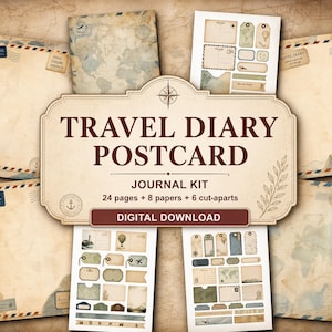 Travel Diary Postcard Junk Journal Kit, Printable Vintage Travel Ephemera, Memory Journal Pages, Tickets Labels Scrapbook Paper