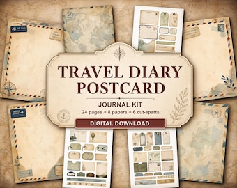 Kit de diario de viaje con postales, efímeros de viaje vintage imprimibles, páginas para diario de recuerdos, etiquetas para boletos y papel para álbum de recortes.