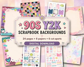 Fondos de álbumes de recortes estilo años 90 Y2K, papeles digitales imprimibles, papel de collage retro brillante, recortes de pegatinas, hojas recortadas, descarga digital