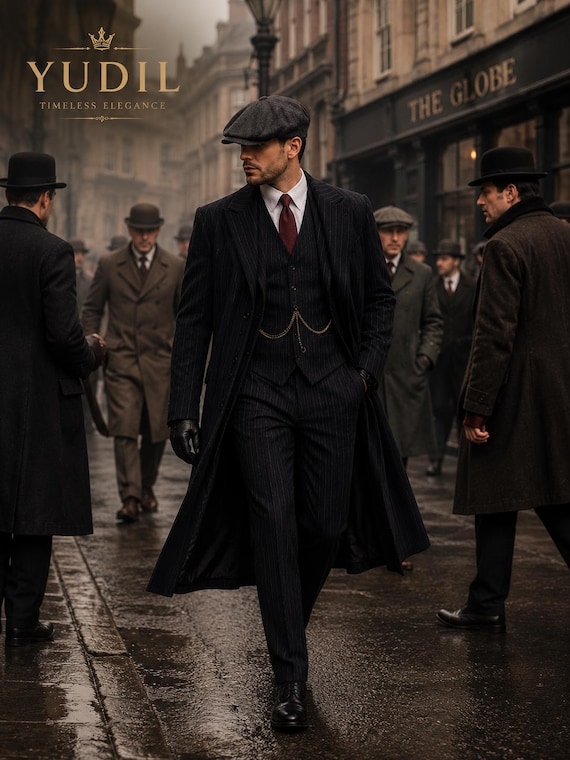 1920s Black Pinstripe 3-Piece Suit with Long Overcoat | Peaky Style Formal Menswear