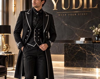 Terno preto com casaca para homem, smoking vitoriano, terno formal gótico, traje de casamento steampunk, terno preto de 3 peças, casaco de príncipe