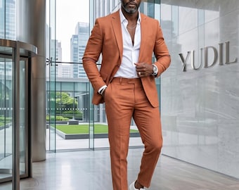 Terrakotta Herrenanzug Slim Fit 2-Teiler, Hochzeitsanzug für Bräutigam, Groomsmen Maßanzug, Marke YUDIL
