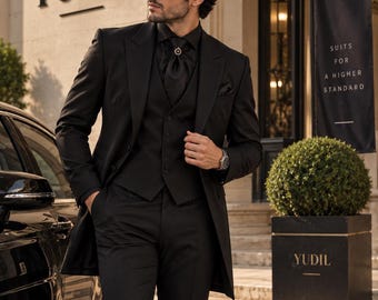 Black Tailcoat Suit for Men, 3 Piece Formal Suit, Gothic Wedding Suit, Victorian Tuxedo, Luxury Evening Suit, Black Waistcoat Set