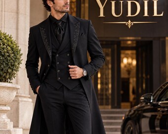 Black Tailcoat Suit for Men, Victorian Tuxedo 3 Piece Suit, Gothic Wedding Suit, Embroidered Dinner Jacket, Formal Prom Suit, YUDIL