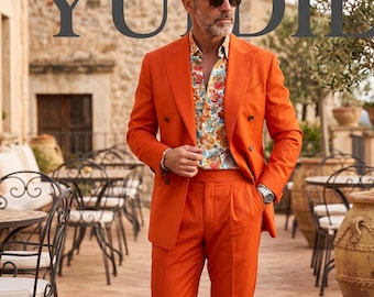 Men's Burnt Orange Double-Breasted Suit, Summer Wedding Groom Party Wear