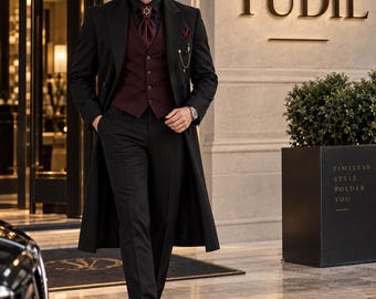 Black 3 Piece Suit with Burgundy Waistcoat, Men’s Formal Suit, Long Tailcoat, Victorian Wedding Suit, Gothic Wedding Tuxedo, YUDIL