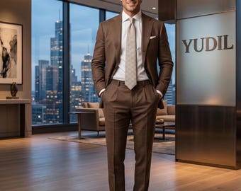 Men's Chocolate Brown Slim Fit 2-Piece Suit, Vintage Style Tailored Formal Wear