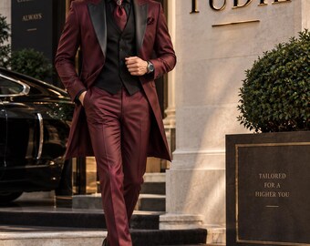 Burgundy Tailcoat Suit for Men, Black Waistcoat Tuxedo, 3 Piece Wedding Suit, Formal Evening Suit, Prom Suit, Luxury Dinner Jacket