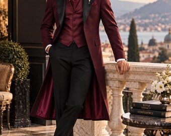Burgundy Tailcoat Suit Set for Men, Black Satin Lapel, Plain Satin Waistcoat, Victorian Wedding Suit, Groom Formal Tails