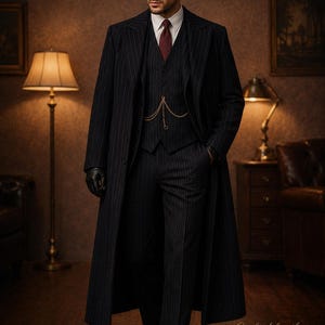 Op de afbeelding: Een donker krijtstreep driedelig pak met een lange overjas, wit overhemd met kraag, donkerrode das en een platte pet. Een gouden horlogeketting is aan het vest bevestigd. De tekst YUDIL TIMELESS ELEGANCE en Crafted for the Modern Gentleman zijn zichtbaar.