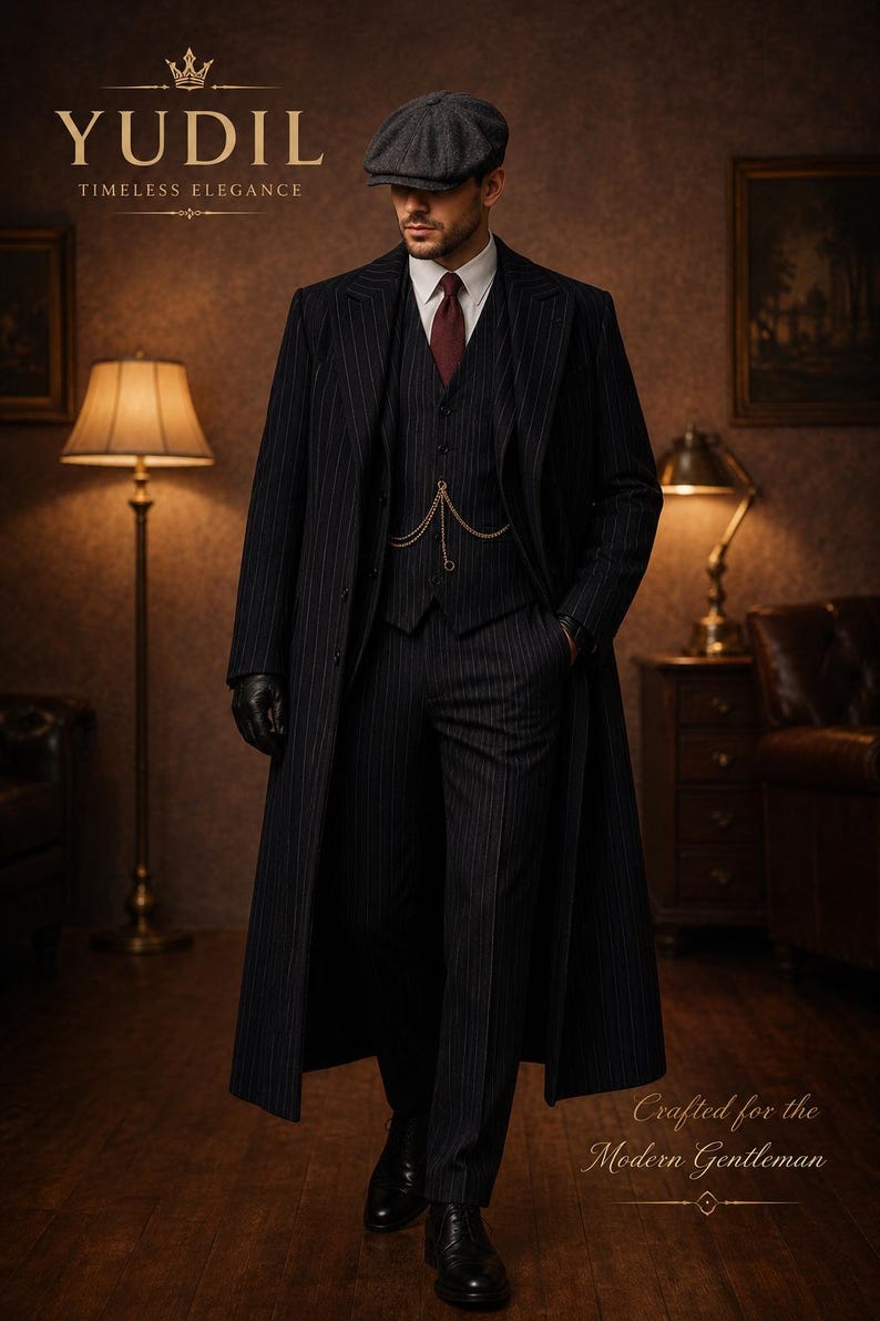 Op de afbeelding: Een donker krijtstreep driedelig pak met een lange overjas, wit overhemd met kraag, donkerrode das en een platte pet. Een gouden horlogeketting is aan het vest bevestigd. De tekst YUDIL TIMELESS ELEGANCE en Crafted for the Modern Gentleman zijn zichtbaar.