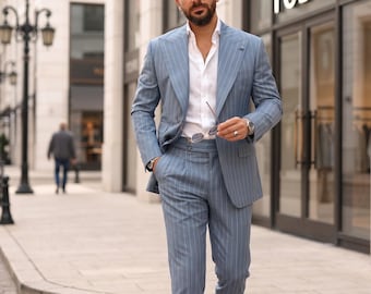 Light Blue Pinstripe Slim Fit Suit, Peak Lapel Two-Piece Men's Wedding Outfit