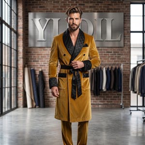 gold dressing gown mens Men's Luxury Cotton Dressing Gown Vintage Smoking Jacket Robe
