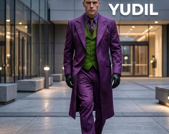 Paarse trenchcoat met groen vest, cosplay geïnspireerd op de Joker, op maat gemaakte outfit voor bruiloft of gala.