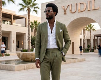 Men's Olive Green Linen Suit, Custom Tailored Summer Wedding, 2 Piece Slim Fit Prom Suit
