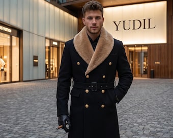 Black Wool Overcoat with Detachable Faux-Fur Collar, Double-Breasted Military Style Jacket